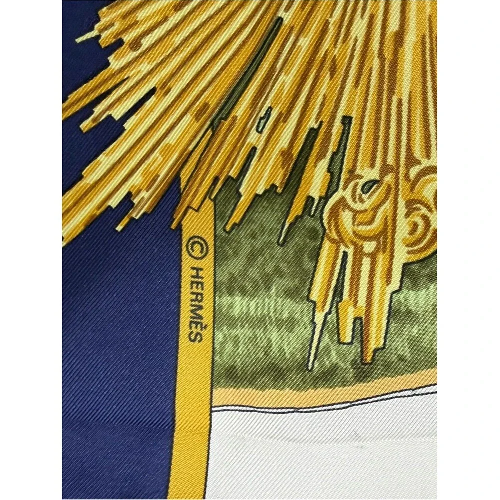 Vintage Herme’s Silk Scarf Palace Scene in Navy, Gold, Cream 34x34